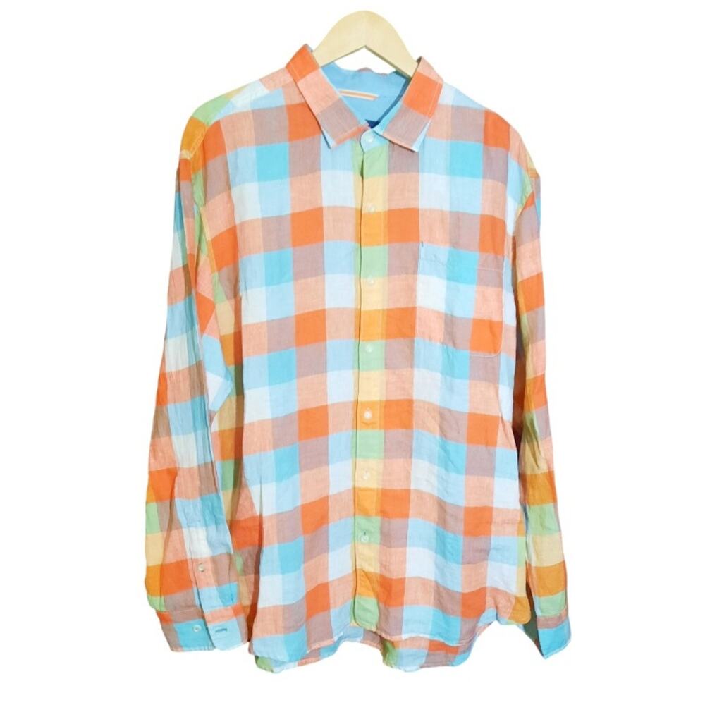 Tommy Bahama Mens 100% Linen Plaid Long Sleeve Button Front Shirt Size XL
